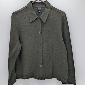 Eileen Fisher Minimalist Waffle Knit Shirt Button Front Medium Forest Green